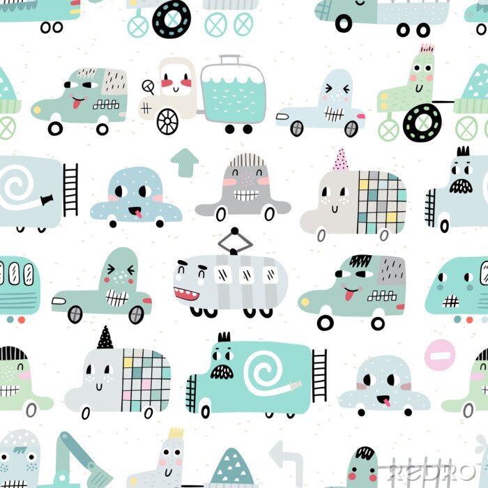 Tapete Seamless pattern with cute cars. Cartoon cars. Perfect for kids fabric, textile, nursery wallpaper. Vector Illustration.