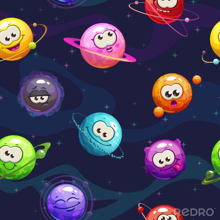 Tapete Seamless pattern with cute cartoon funny planets.