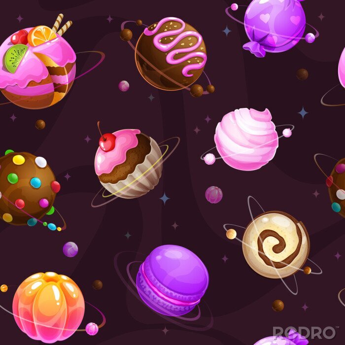 Tapete Seamless pattern with cute cartoon sweet planets on the space background.