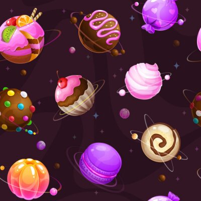 Tapete Seamless pattern with cute cartoon sweet planets on the space background.