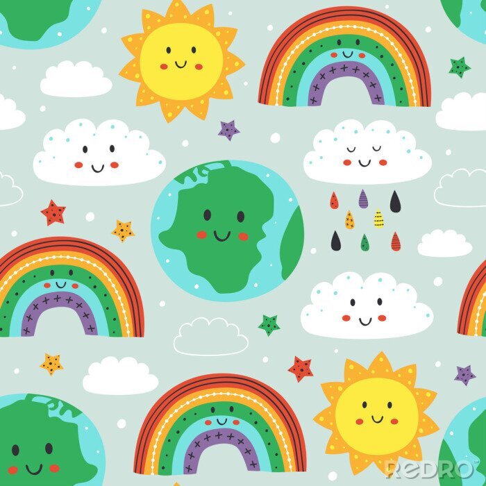 Tapete seamless pattern with cute Earth,cloud, rainbow and sun - vector illustration, eps    
