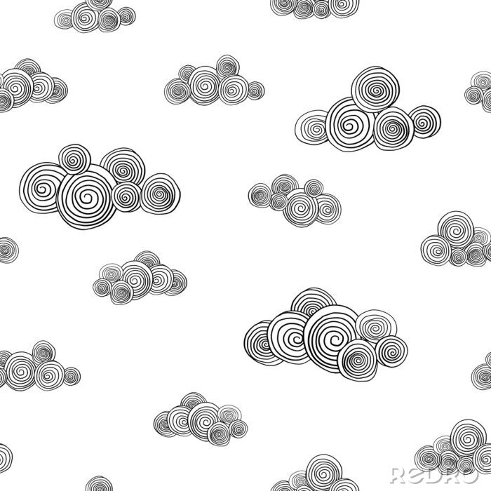 Tapete Seamless pattern with cute hand drawn curly clouds. Doodle.