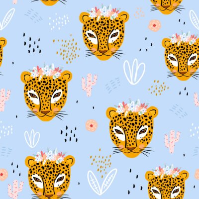 Tapete Seamless pattern with cute hand drawn leopard faces. Creative childish jungle background. Perfect for kids apparel,fabric, textile, nursery decoration,wrapping paper.Vector Illustration