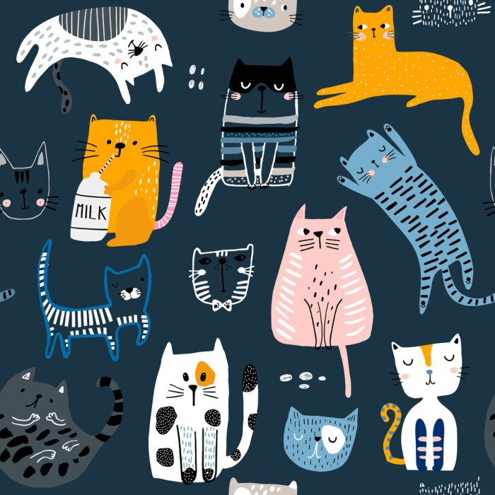 Tapete Seamless pattern with cute Kittens in diferent style. Creative childish texture. Great for fabric, textile Vector Illustration