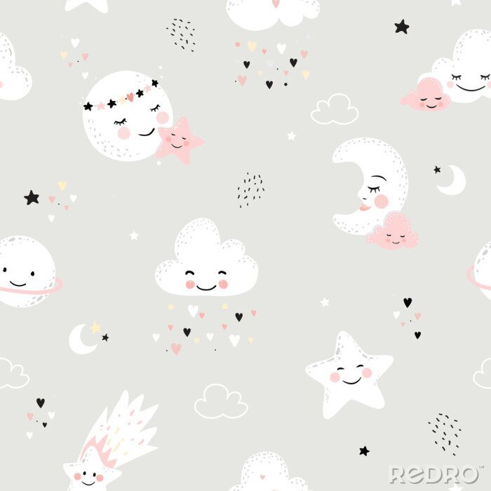 Tapete Seamless pattern with cute moon, stars, clouds. Perfect for baby background, kids room wallpaper, baby shower card, fabric and wear. Nursery vector illustration.