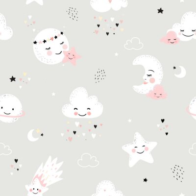 Tapete Seamless pattern with cute moon, stars, clouds. Perfect for baby background, kids room wallpaper, baby shower card, fabric and wear. Nursery vector illustration.