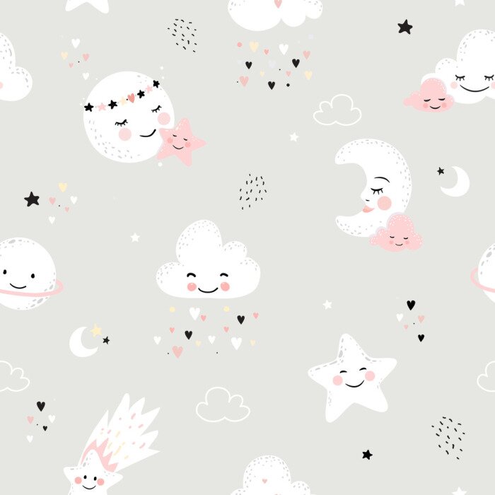Tapete Seamless pattern with cute moon, stars, clouds. Perfect for baby background, kids room wallpaper, baby shower card, fabric and wear. Nursery vector illustration.