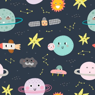 Tapete Seamless pattern with cute planet, star and ufo. Vector illustration for children. Trendy kids vector background.