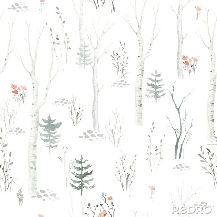 Tapete Seamless pattern with delicate green Christmas Tree. Decorative background with hand painted evergreen fores tree. Winter holiday design perfect for wallpaper and scrapbooking