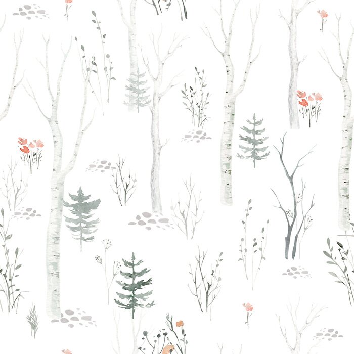 Tapete Seamless pattern with delicate green Christmas Tree. Decorative background with hand painted evergreen fores tree. Winter holiday design perfect for wallpaper and scrapbooking