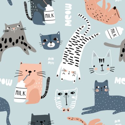 Tapete Seamless pattern with different funny cats. Creative childish texture. Great for fabric, textile Vector Illustration