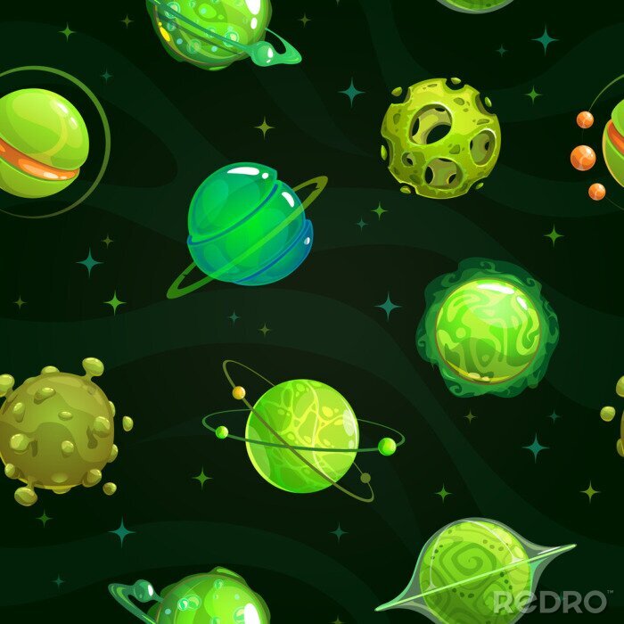 Tapete Seamless pattern with fantasy green planets on space baclground.