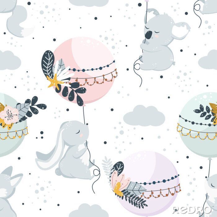 Tapete seamless pattern with flying animals on balloons - vector illustration, eps
