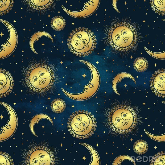 Tapete Seamless pattern with gold celestial bodies - moon, sun and stars over blue night sky background. Boho chic fabric print, wrapping paper or textile design hand drawn vector illustration.