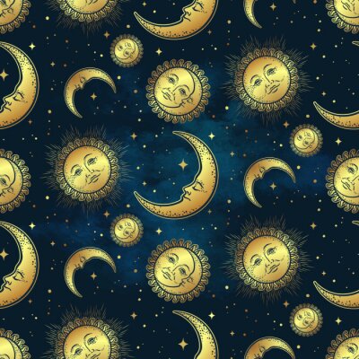 Tapete Seamless pattern with gold celestial bodies - moon, sun and stars over blue night sky background. Boho chic fabric print, wrapping paper or textile design hand drawn vector illustration.