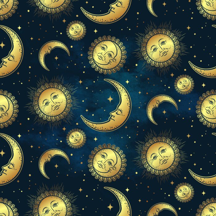 Tapete Seamless pattern with gold celestial bodies - moon, sun and stars over blue night sky background. Boho chic fabric print, wrapping paper or textile design hand drawn vector illustration.