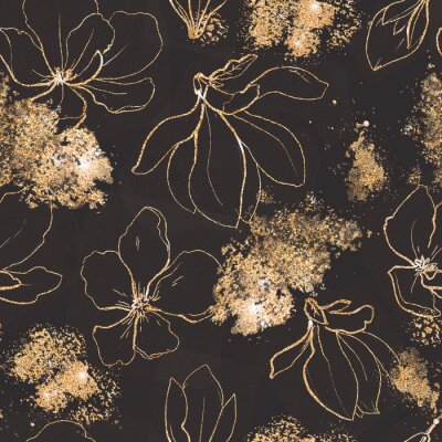 Tapete Seamless pattern with golden flowers and leaves in black background.