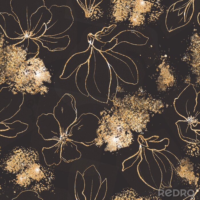 Tapete Seamless pattern with golden flowers and leaves in black background.