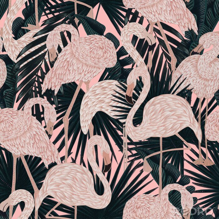 Tapete seamless pattern with graceful delicate pink flamingos in emerald rich lush exotic foliage. Graphic design surface pattern. Textile design, wallpaper decor