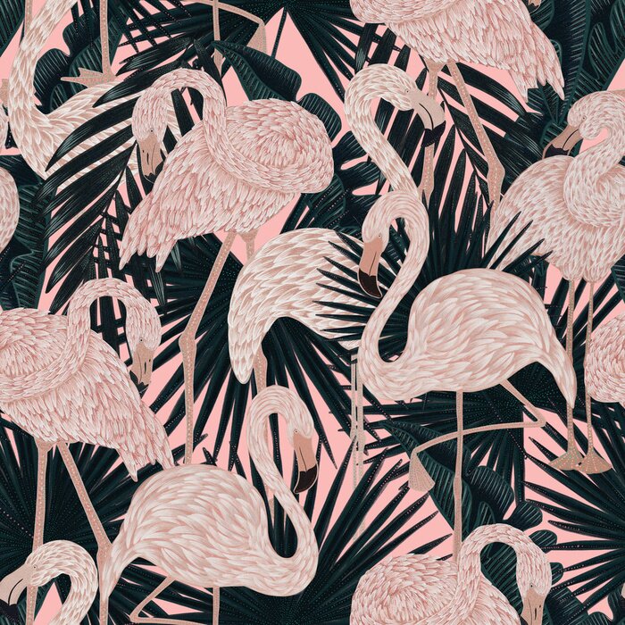 Tapete seamless pattern with graceful delicate pink flamingos in emerald rich lush exotic foliage. Graphic design surface pattern. Textile design, wallpaper decor