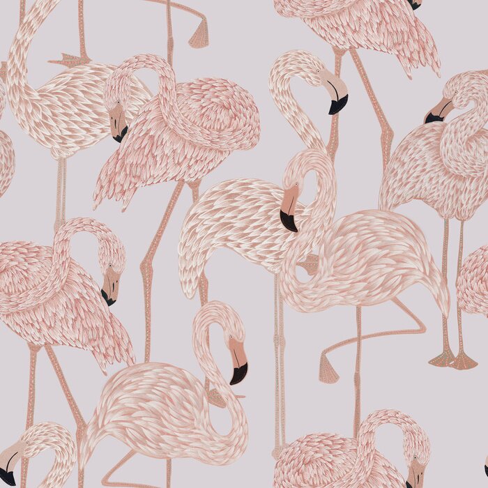 Tapete seamless pattern with graceful delicate pink flamingos in emerald rich lush exotic foliage. Graphic design surface pattern. Textile design, wallpaper decor
