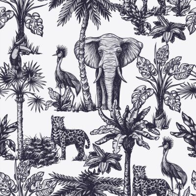 Tapete Seamless pattern with graphic tropical treees and jungle animals. Vector.