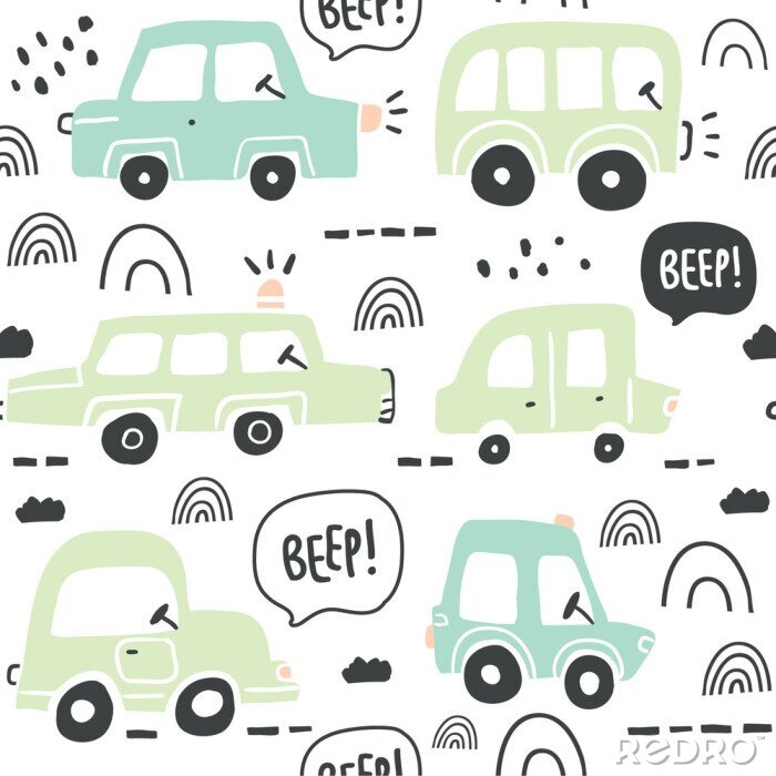 Tapete Seamless pattern with hand drawn cute car