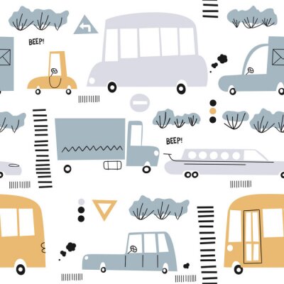 Seamless pattern with hand drawn cute car. Perfect for kids fabric,textile,nursery wallpaper.