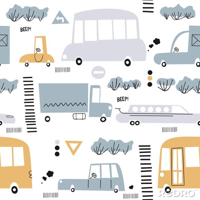 Tapete Seamless pattern with hand drawn cute car. Perfect for kids fabric,textile,nursery wallpaper.