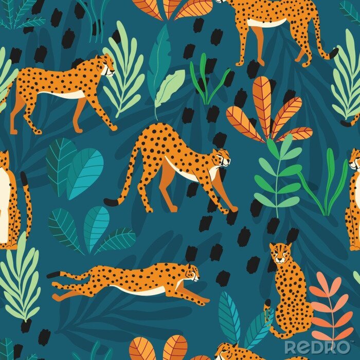 Tapete Seamless pattern with hand drawn exotic big cat cheetahs, with tropical plants and abstract elements on dark green background. Colorful flat vector illustration