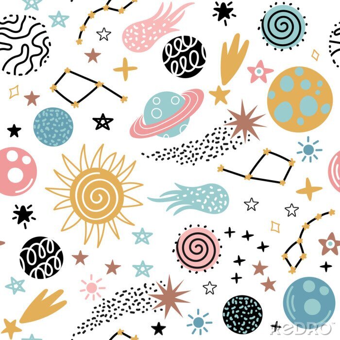 Tapete Seamless pattern with hand-drawn space