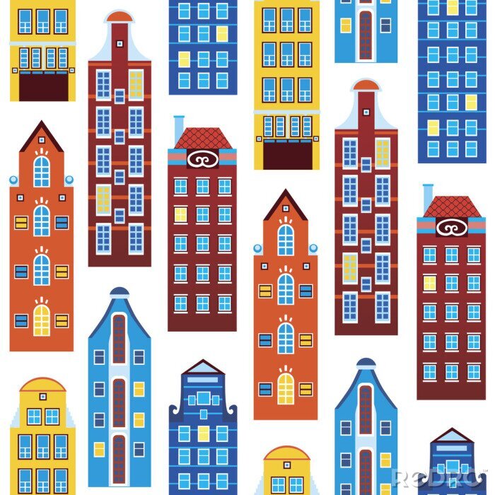 Tapete Seamless pattern with houses of amsterdam or europe isolated on white background for printing on fabric or textile, flat vector stock illustration with old houses