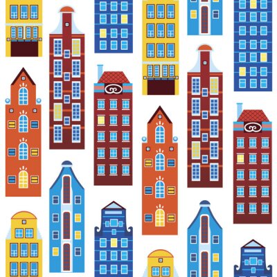 Tapete Seamless pattern with houses of amsterdam or europe isolated on white background for printing on fabric or textile, flat vector stock illustration with old houses