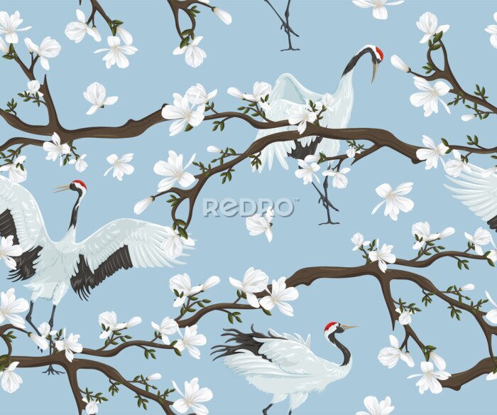 Tapete Seamless pattern with japanese cranes and magnolia