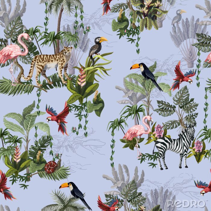 Tapete Seamless pattern with jungle animals, flowers and trees. Vector.