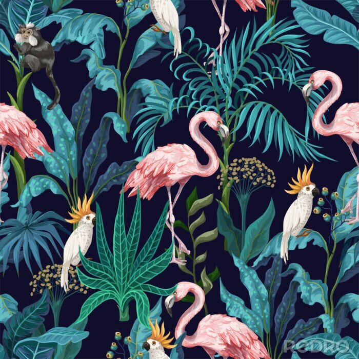 Tapete Seamless pattern with jungle trees, flamingo and parrots. Vector.