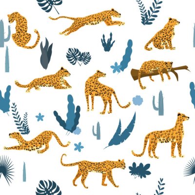 Tapete Seamless pattern with leopards in different poses with tropical leaves, plants, mammal, predator, jungle