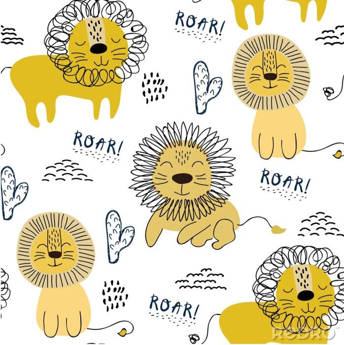 Tapete Seamless pattern with lions, background for kids fabric, textile, nursery decoration,wrapping paper.Vector Illustration