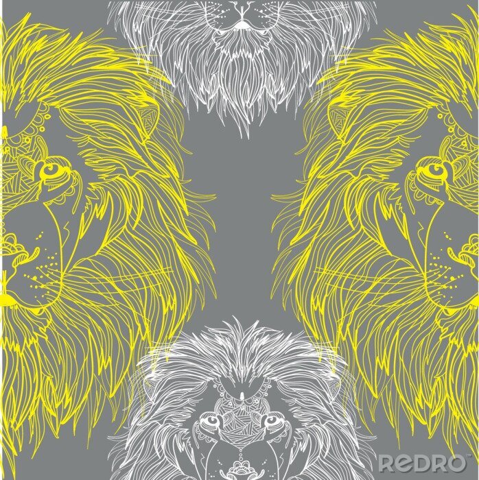 Tapete Seamless pattern with lions. Doodling, mandala. Drawing manually. Stylish background. A dangerous predator, a noble animal, a great mane.