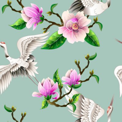 Seamless pattern with magnolia flowers and Japanese white cranes. Vector.