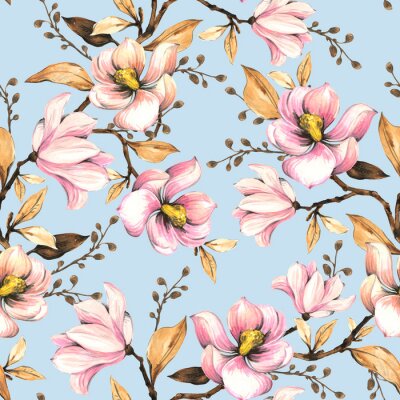 Tapete Seamless pattern with magnolias. Floral illustration . Hand drawing, watercolor.  Design wallpaper, fabric and packaging