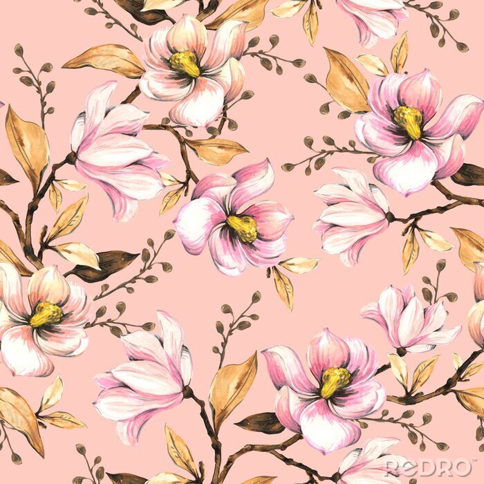 Tapete Seamless pattern with magnolias. Floral illustration . Hand drawing, watercolor.  Design wallpaper, fabric and packaging