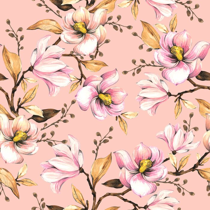 Tapete Seamless pattern with magnolias. Floral illustration . Hand drawing, watercolor.  Design wallpaper, fabric and packaging