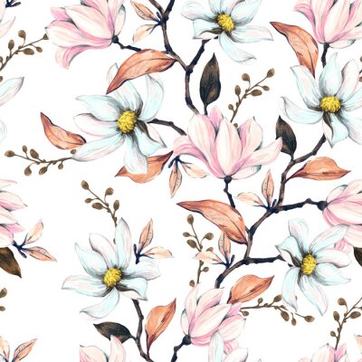 Tapete Seamless pattern with magnolias. Floral illustration on a white background. Hand drawing, watercolor.  Design wallpaper, fabric and packaging