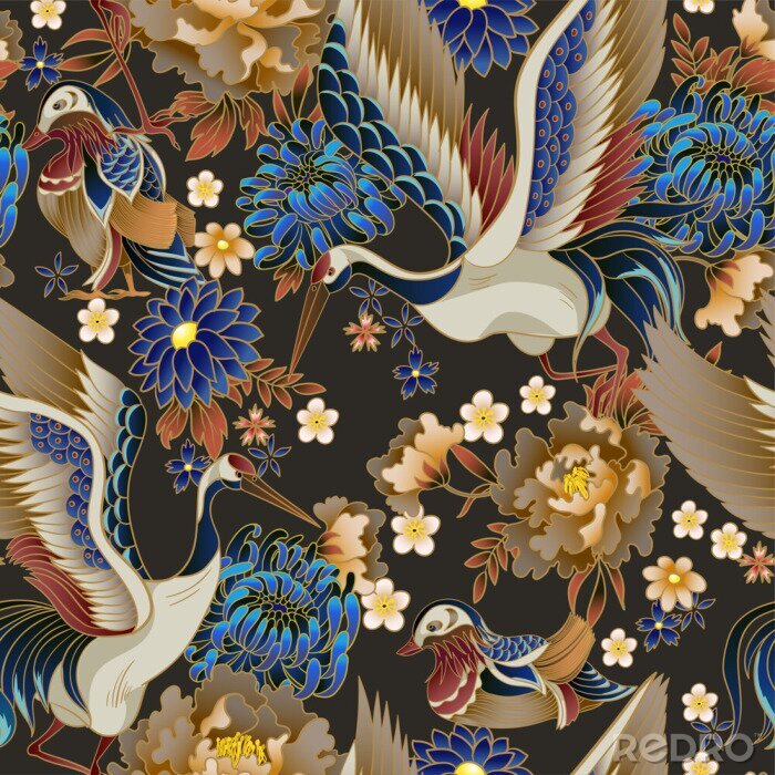 Tapete Seamless pattern with mandarin ducks, flowers and cranes. Vector.