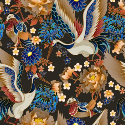 Tapete Seamless pattern with mandarin ducks, flowers and cranes. Vector.