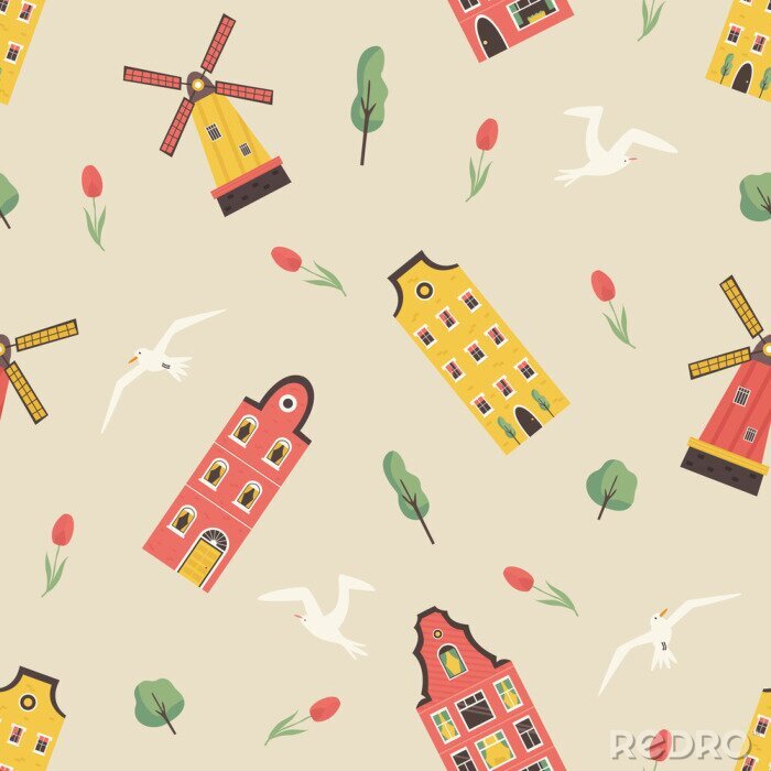 Tapete Seamless pattern with old dutch buildings windmill