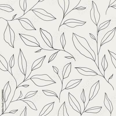 Tapete Seamless pattern with one line leaves. Vector floral background in trendy minimalistic linear style.