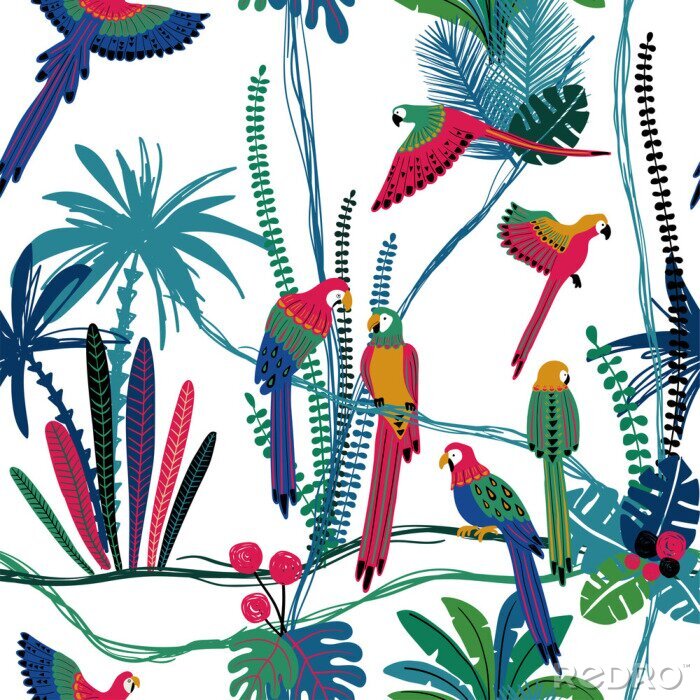 Tapete Seamless pattern With Parrots In The Jungle.