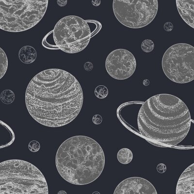 Tapete Seamless pattern with planets and other astronomical objects in outer space. Backdrop with planetary bodies hand drawn in dot art style. Monochrome vector illustration for wallpaper, fabric print.